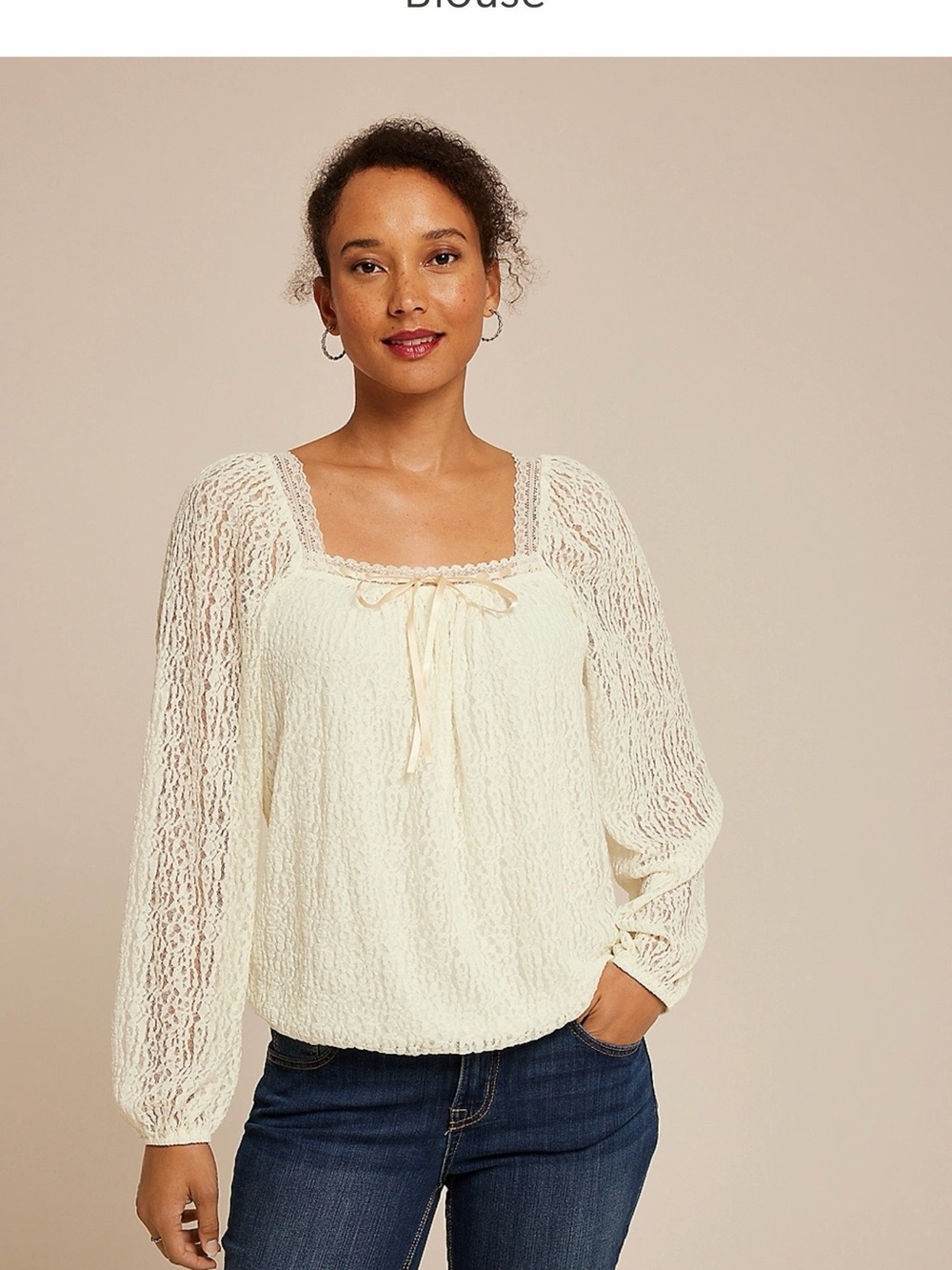Maurices Cream Satin Lace Peasant Blouse With Bubble Hem